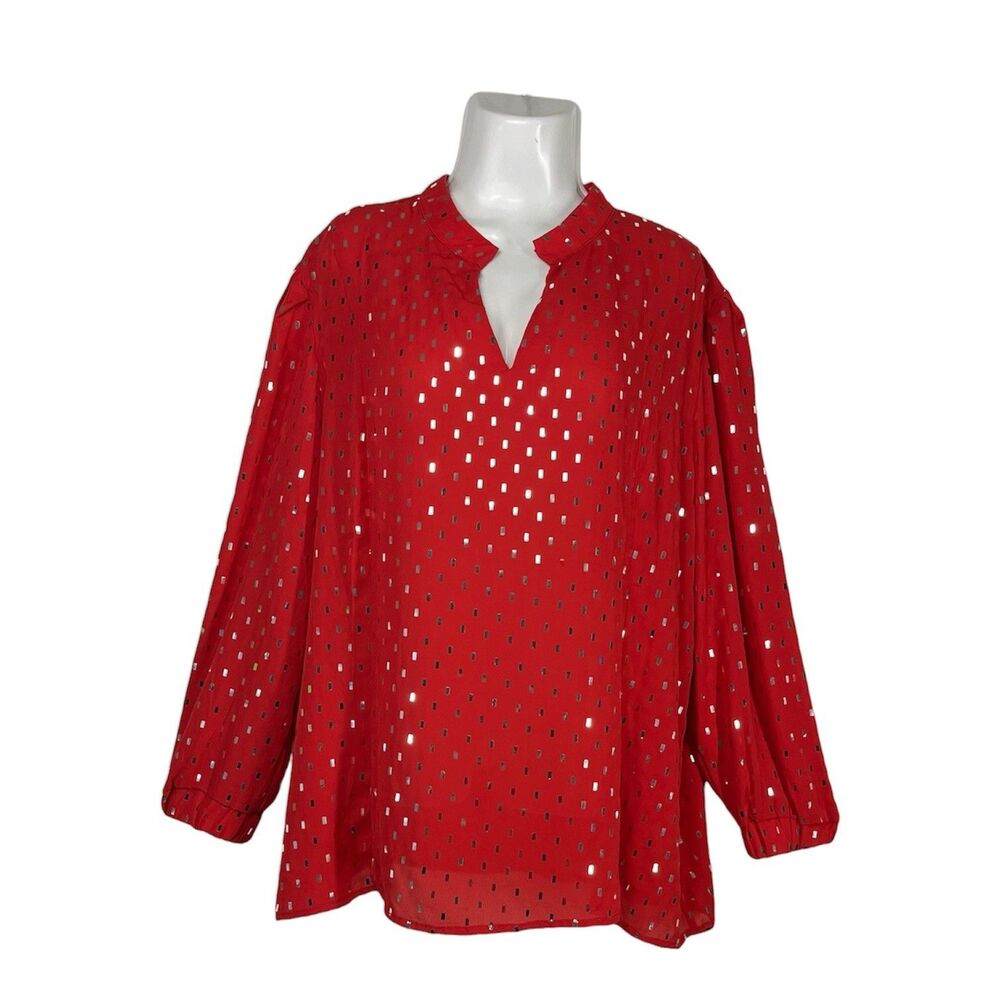 NY Collection Red Blouse Plus 3X Long Sleeve Silver Mirror Party Shiny Tunic Top